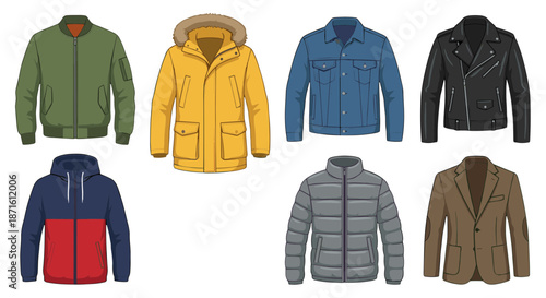 Collection of various styles of jackets for men, including bomber, puffer, denim, leather, and blazer jackets