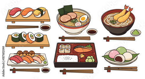 An appetizing and diverse collection of traditional Japanese cuisine, showcasing a flavorful array of popular dishes including sushi, ramen, bento, udon, and sweet mochi desserts