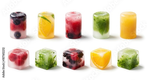 Colorful fruit and herb infused ice cubes isolated on white perfect for summer drinks