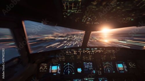 Pilot's perspective cockpit view during sunset flight over cityscape aviation nighttime skies dynamic environment