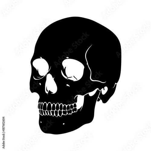 Skull Human Head Silhouette Vector Icon - Skeleton Bone Black Shape on White Background - Minimalist Halloween Symbol