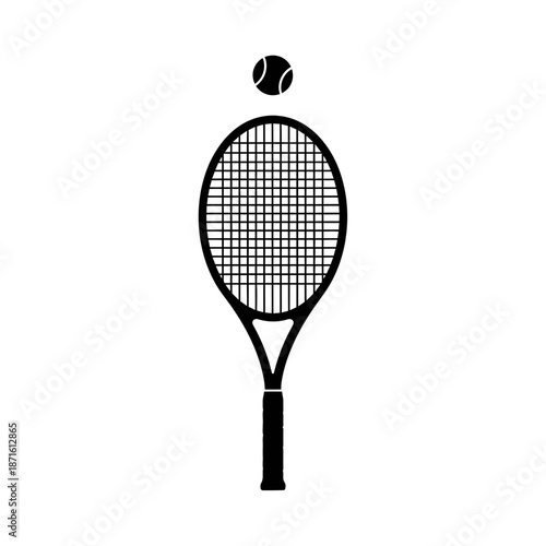 Tennis Racket and Ball Silhouette Vector Icon - Sport Set Black Shape on White Background - Minimalist Game Symbol