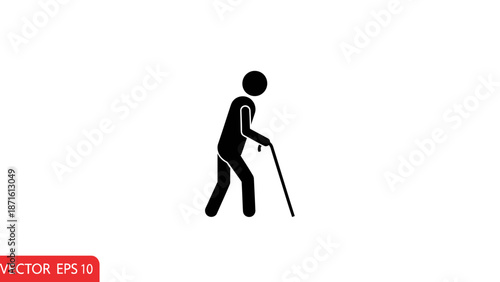 Illustration of an elderly person walking with a cane for support.