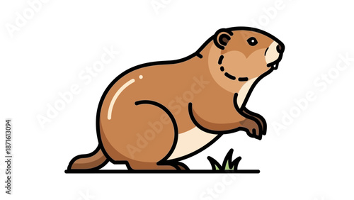 A cute cartoon groundhog stands on green grass with a white background, looking to the right.