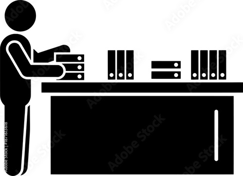 Office Worker Organizing Files and Documents on Desk Pictogram