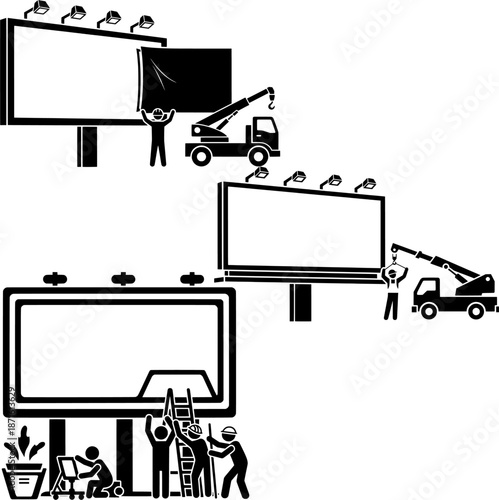 Workers Installing Large Outdoor Billboard Advertisement with Crane Pictogram
