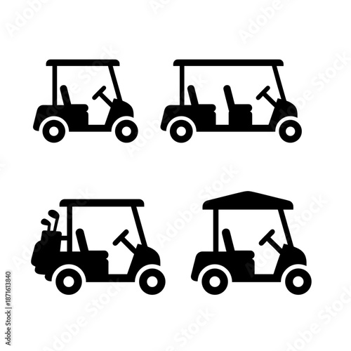 Golf cart vector silhouette collection. Set of standard and four seater buggy side view icons with golf clubs bag isolated on white background.