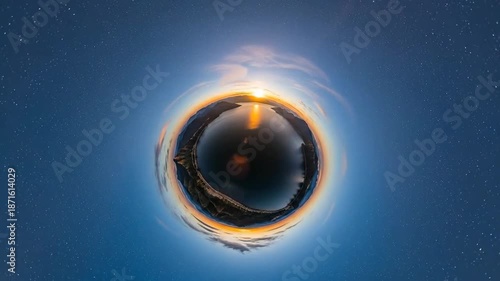Panoramic view of a lake surrounded by mountains under a starry sky.