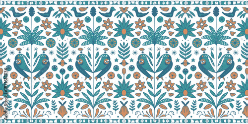 Mexican folk art inspired pattern with birds and flowers vector illustration design element
