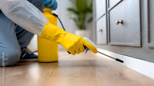 Careful pest control application behind furniture along baseboards in a tidy residential space