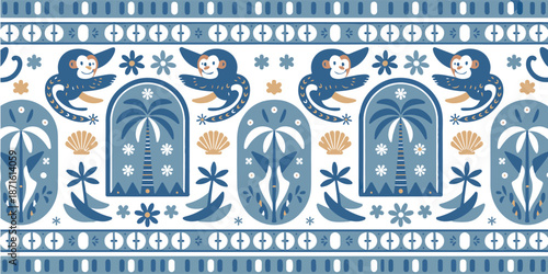 Mexican folk art inspired pattern with monkeys and tropical elements vector illustration design