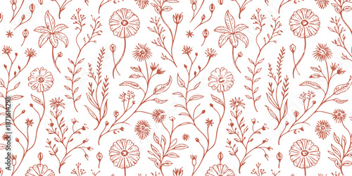Vintage floral seamless pattern with hand drawn wild flowers and herbs in terracotta color