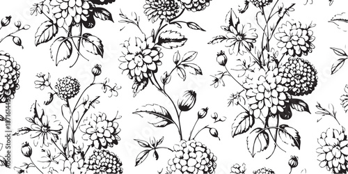 Detailed black and white hand drawn floral bouquet pattern with chrysanthemums and dahlias art
