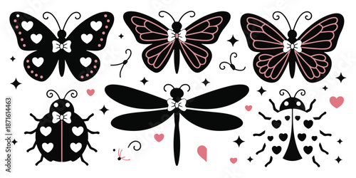 Cute collection of kawaii style insects including butterflies ladybugs and dragonfly adorned with hearts and bows