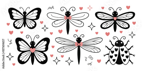 Cute insect collection with butterflies dragonflies ladybug and hearts for children vector