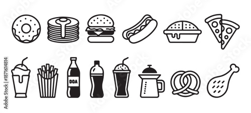Fast food icons set featuring snacks beverages and desserts with black stroke outline design