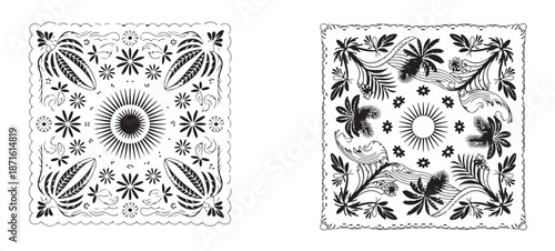 Square pattern design with tropical palms sun and floral elements in black and white style