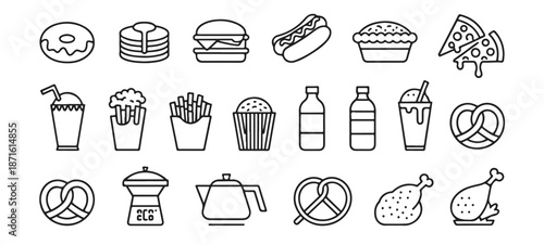 Minimalist fast food icons collection with clean black outline for restaurant menu designs