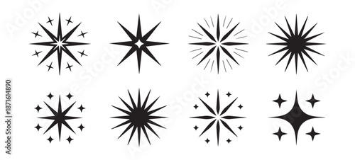 Sparkling starburst and twinkle icons set for decorative christmas or magical design theme