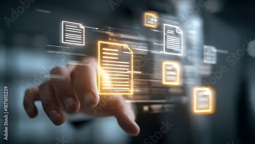 Professional accessing futuristic digital documents and data streams with glowing interface for modern business analysis and information management