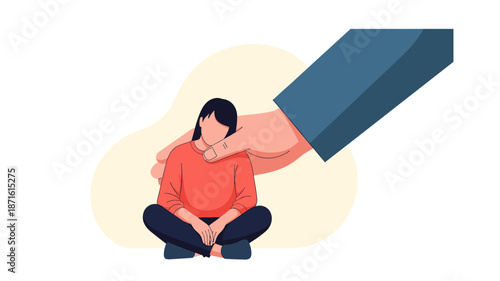 A compassionate hand offers comfort and support to a sad woman, illustrating empathy, mental health, and emotional well-being.