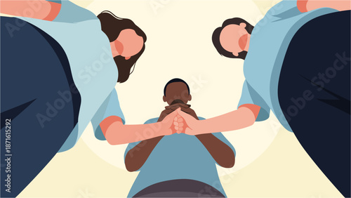 Diverse group of individuals seen from a low angle, collaborating and supporting each other in a unified, inclusive team environment.