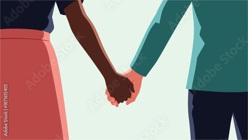 Close-up illustration of a diverse couple holding hands, symbolizing love, unity, and support in a modern relationship.