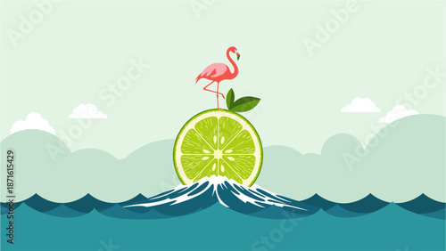 A vibrant, whimsical illustration featuring a pink flamingo balancing gracefully atop a fresh green lime amidst a serene, stylized ocean scene.