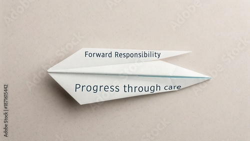 Paper airplane with messages on responsibility and care, symbolizing forward thinking and progress in business goals