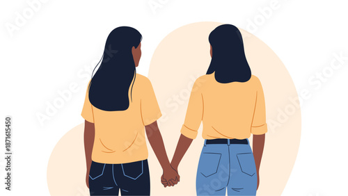 Two women, seen from behind, hold hands while walking together, symbolizing companionship, support, and a loving relationship.