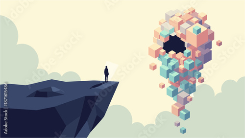 A solitary figure stands on a cliff edge, contemplating a fragmented, abstract cube structure floating mysteriously in the sky, representing complex thoughts and challenges.
