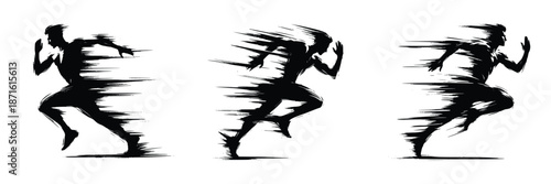 black brush stroke silhouette of a running man on white background