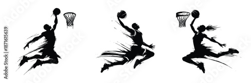 black brush stroke silhouette of a playing basketball on white background