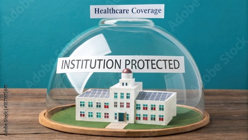 Model of a Protected Institution under Healthcare Coverage Dome with Blue Background and Wooden Base