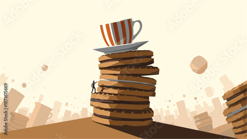 A tiny person stands atop a towering stack of chocolate-filled cookies, with a teacup and saucer precariously balanced on the summit, amidst a surreal landscape of floating pastries and cups.