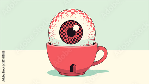 A surreal and whimsical illustration of a bloodshot eyeball resting in a vibrant red teacup, creating a thought-provoking visual narrative.