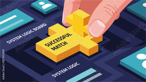 A hand places a puzzle piece labeled 'Successful Match' into a system logic board, symbolizing problem-solving and integration.