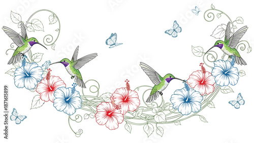 Beautiful vintage-style sketch of hummingbirds and butterflies flying among red and blue hibiscus flowers and curling green vines.