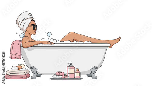 Woman with a towel wrap on her head and sunglasses relaxes in a bubble bath, enjoying a day of luxurious self-care and beauty pampering at home.