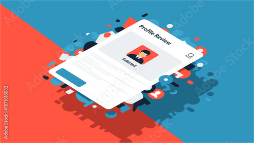 Isometric illustration depicting a digital profile review process with user icons and data elements on a split red and blue background.
