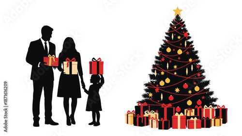 Christmas scene with a silhouette of a family exchanging gifts and a beautifully decorated Christmas tree with presents underneath it.