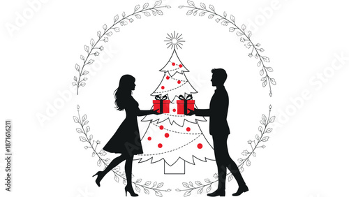 Silhouette of a romantic couple exchanging Christmas gifts in front of a decorated tree, enclosed within a delicate, leafy circular frame.