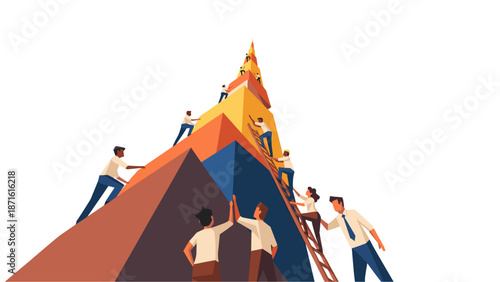 Diverse business team collaborating to climb a complex, abstract geometric mountain, symbolizing collective effort and achievement towards a common goal.