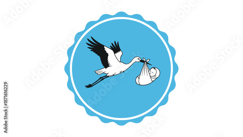 Classic illustration of a stork delivering a newborn baby in a sling, set inside a blue circular stamp, symbolizing childbirth and new arrivals.