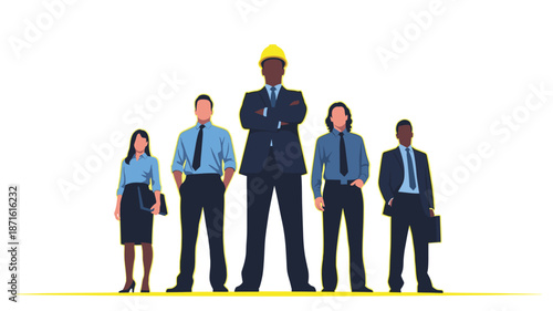 Diverse group of business professionals standing together, including a prominent leader in a hard hat, symbolizing teamwork and corporate hierarchy.