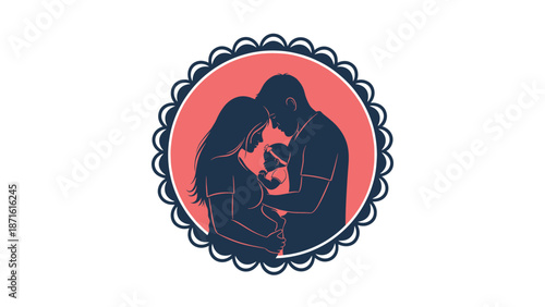 Tender silhouette of new parents lovingly admiring their newborn baby, captured within a decorative circular frame, symbolizing family and love.