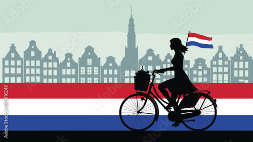 Silhouette of a woman riding a bicycle with a Dutch flag past a classic Amsterdam cityscape, set against the backdrop of the Netherlands flag.