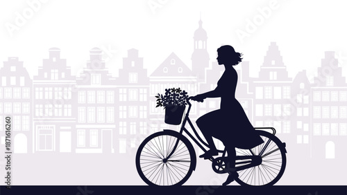Elegant silhouette of a woman in a long skirt riding a classic bicycle with a basket of flowers in front of a traditional european city skyline.
