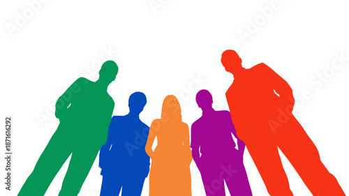 A vibrant, low-angle silhouette illustration of a diverse group of five individuals, symbolizing community, teamwork, and unity against a clean white background.