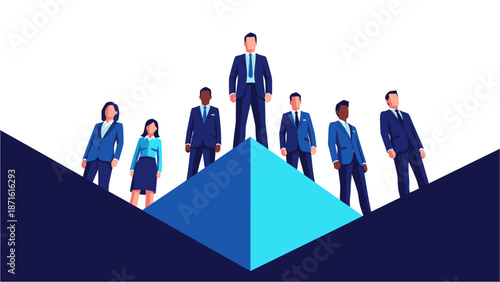 A diverse group of business professionals in formal attire stands confidently on a geometric blue and white upward-sloping graph, symbolizing leadership and success.